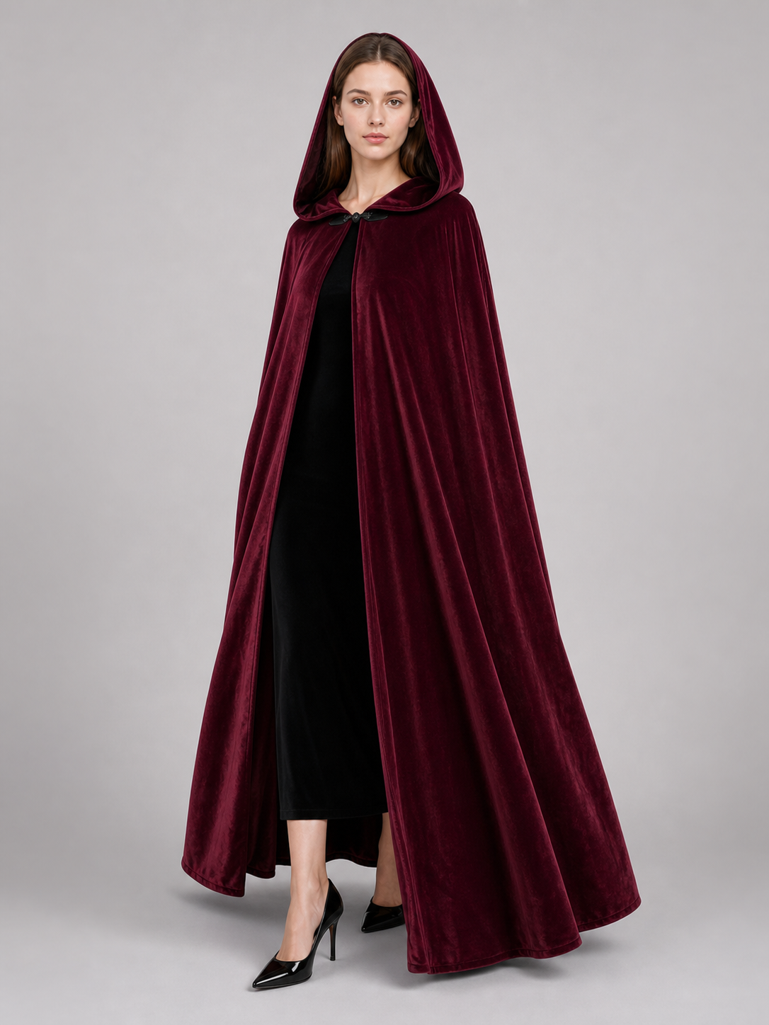 Burgundy Long Carnival Cloak with Hood