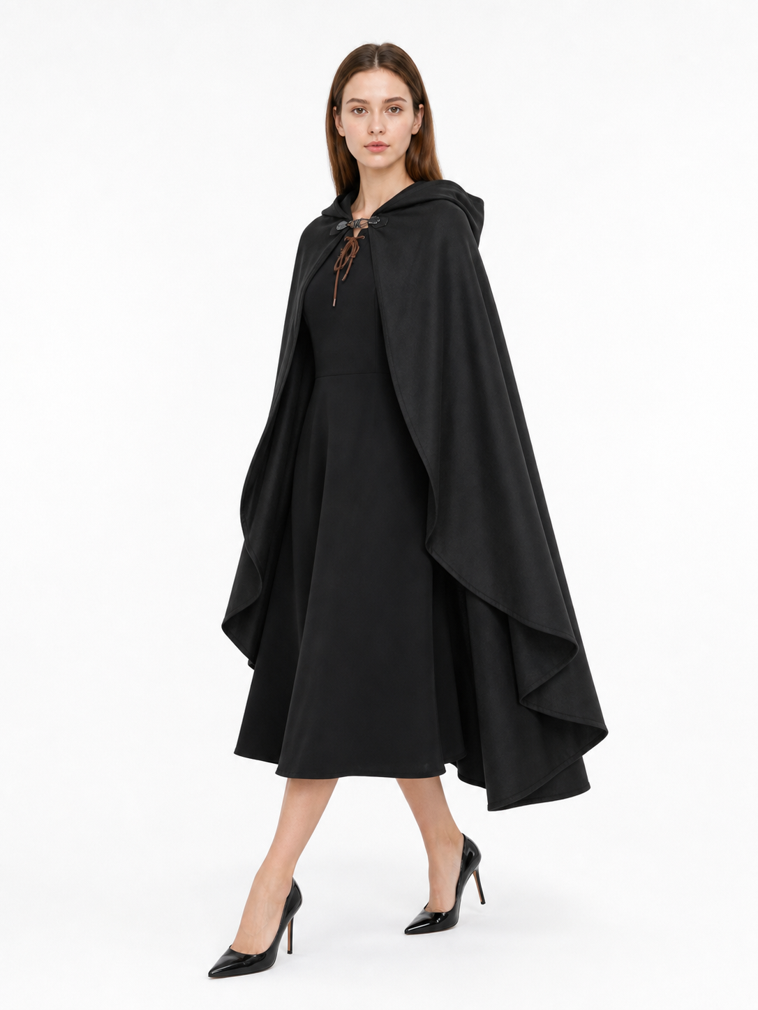 Black hooded medieval costume cloak product view 48
