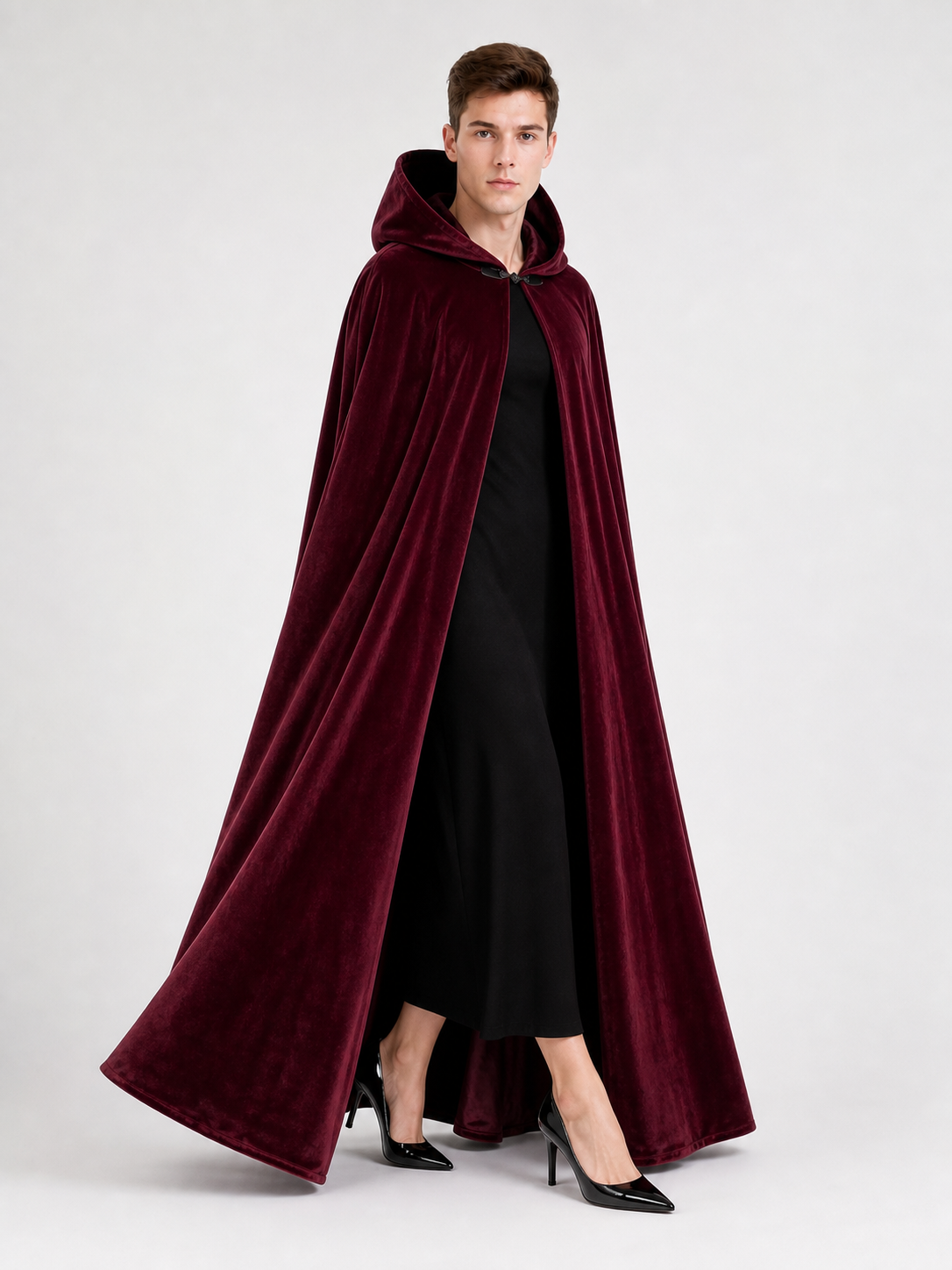 Burgundy Long Carnival Cloak with Hood