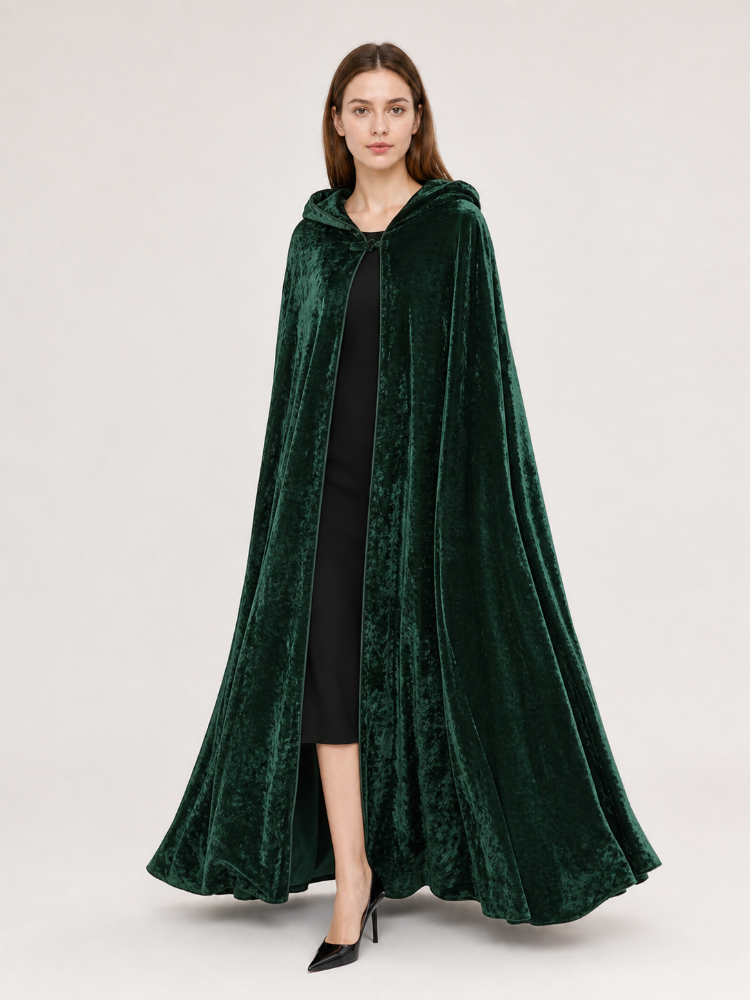 Dark green hooded velvet costume cape product view 79