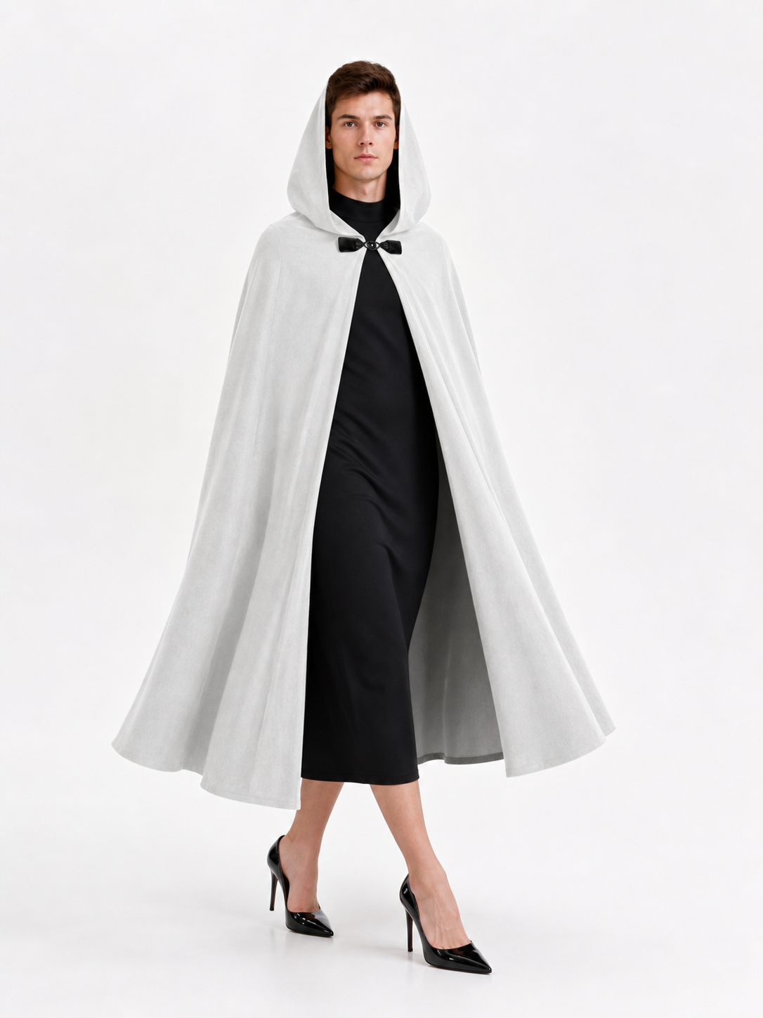 Medieval White Velvet Hooded Long Cloak Cape with Black Bow Tie Front Flared Hem occasion guide 2