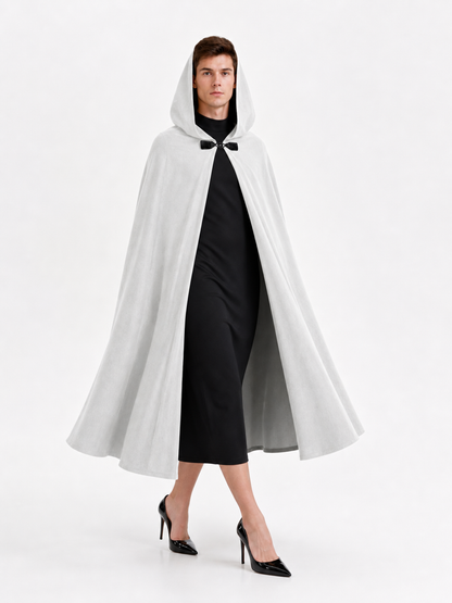 Medieval White Velvet Hooded Long Cloak Cape with Black Bow Tie Front Flared Hem occasion guide 2