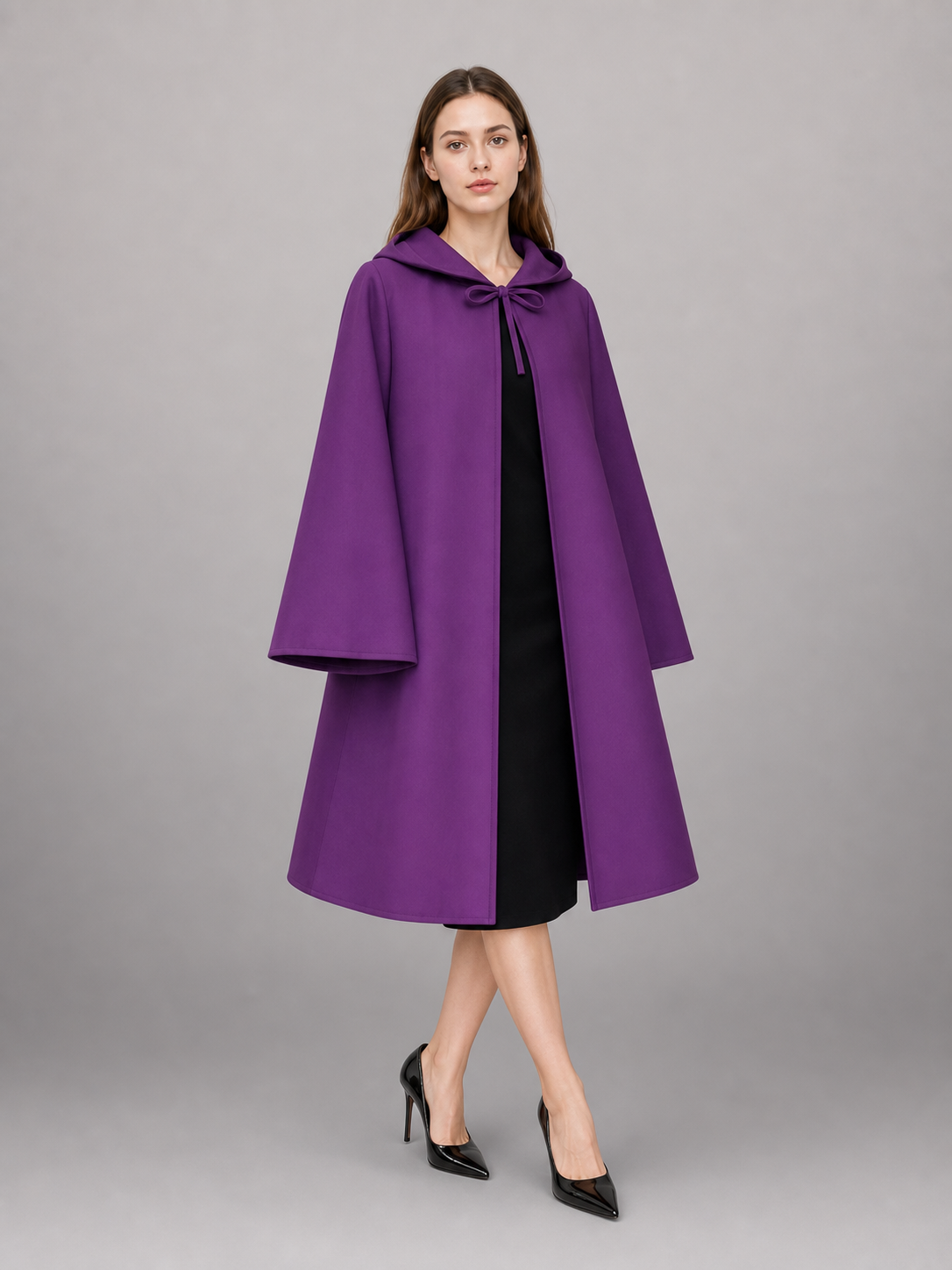 Purple hooded costume cloak with zipper