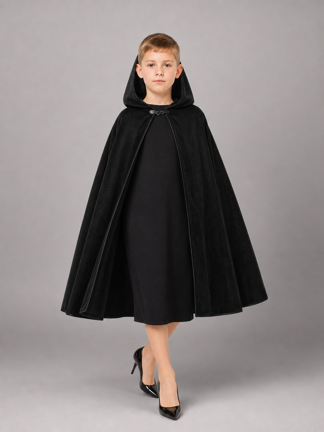 Black medieval hooded carnival cloak