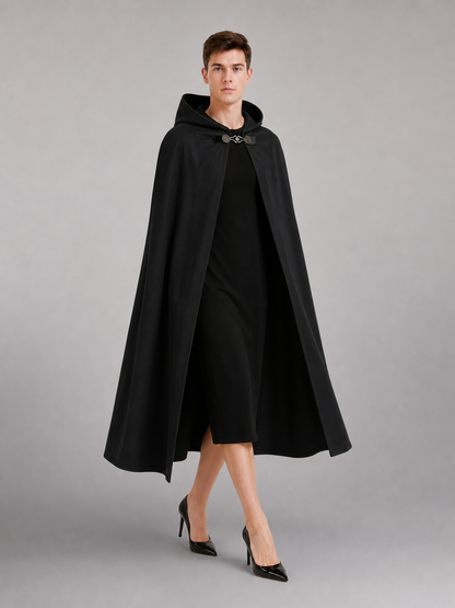 Long black hooded carnival cloak