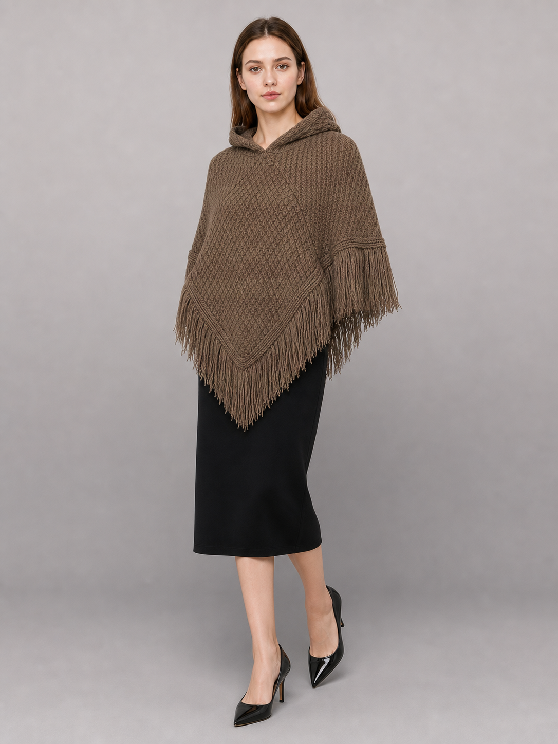 Adult Brown Hooded Triangle Cape with Long Fringe Trim, Diamond Texture, Ring Buckle Belt and Black Lining