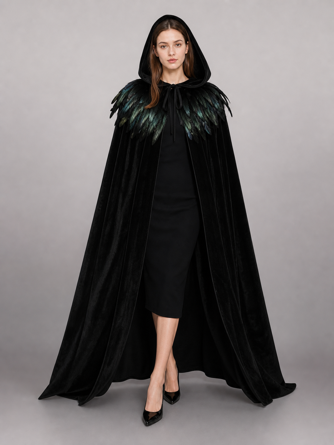 Black Velvet Hooded Cape with Feathers