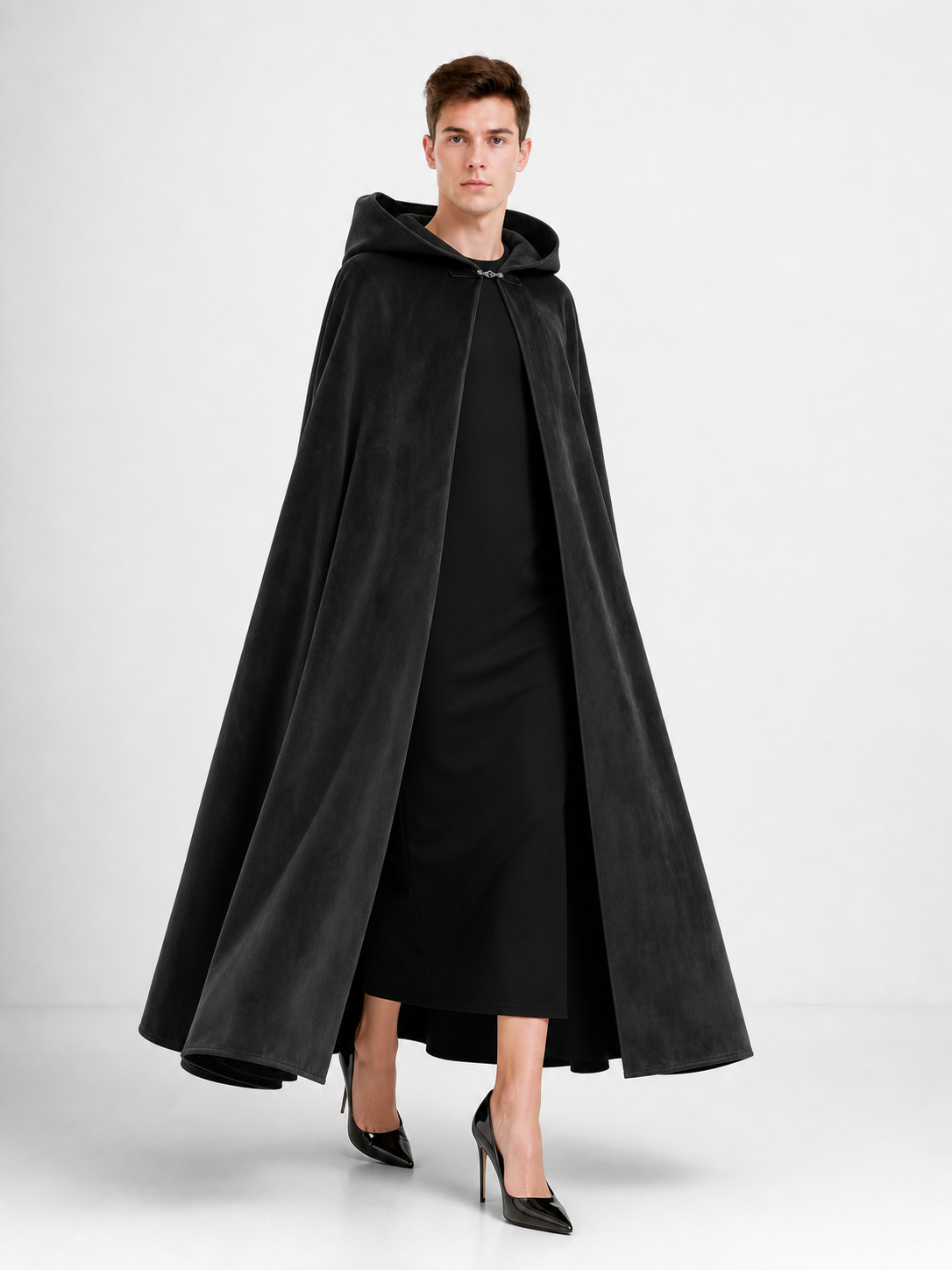 Long black hooded costume cloak