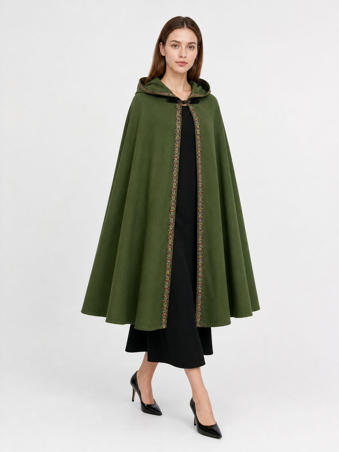 Green Carnival Cloak with Hood and Trim