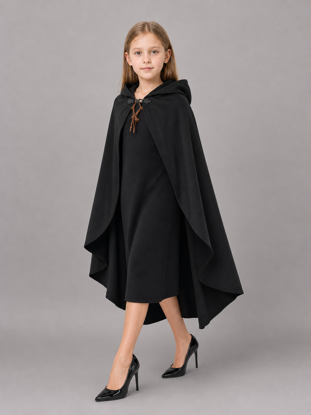 Black hooded medieval costume cloak product view 49