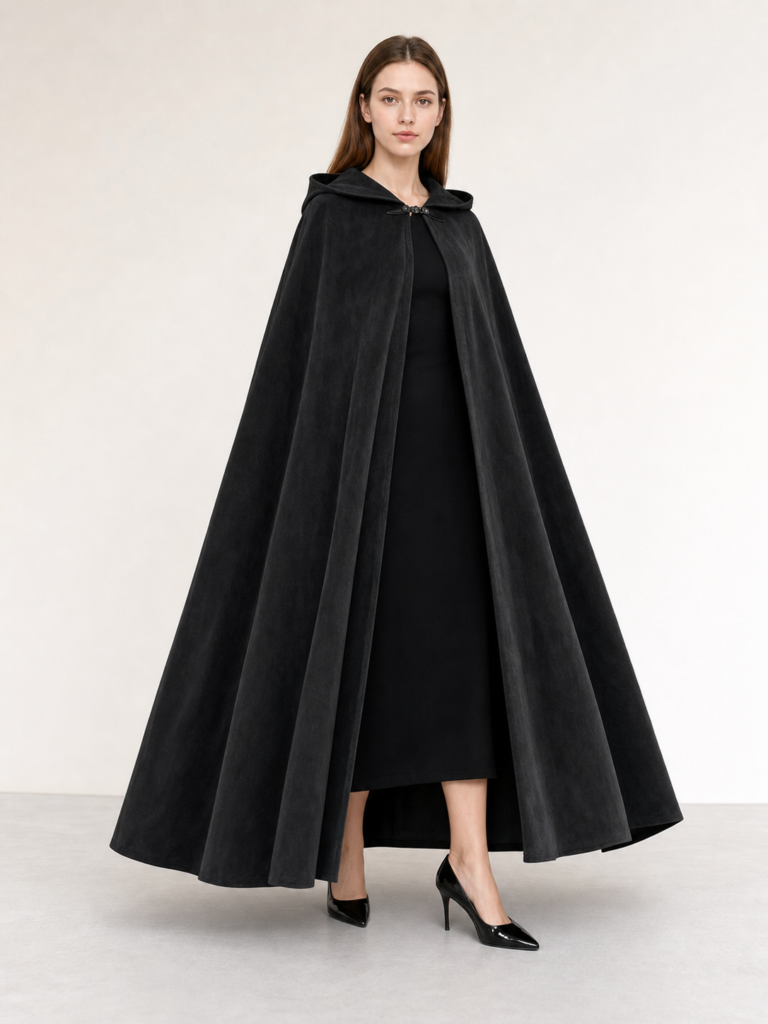 Long black hooded costume cloak