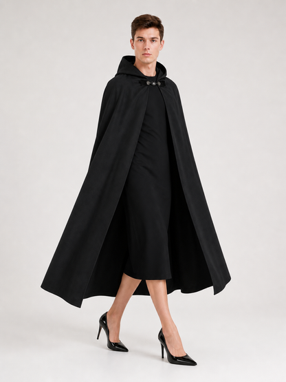 Long black hooded carnival cloak