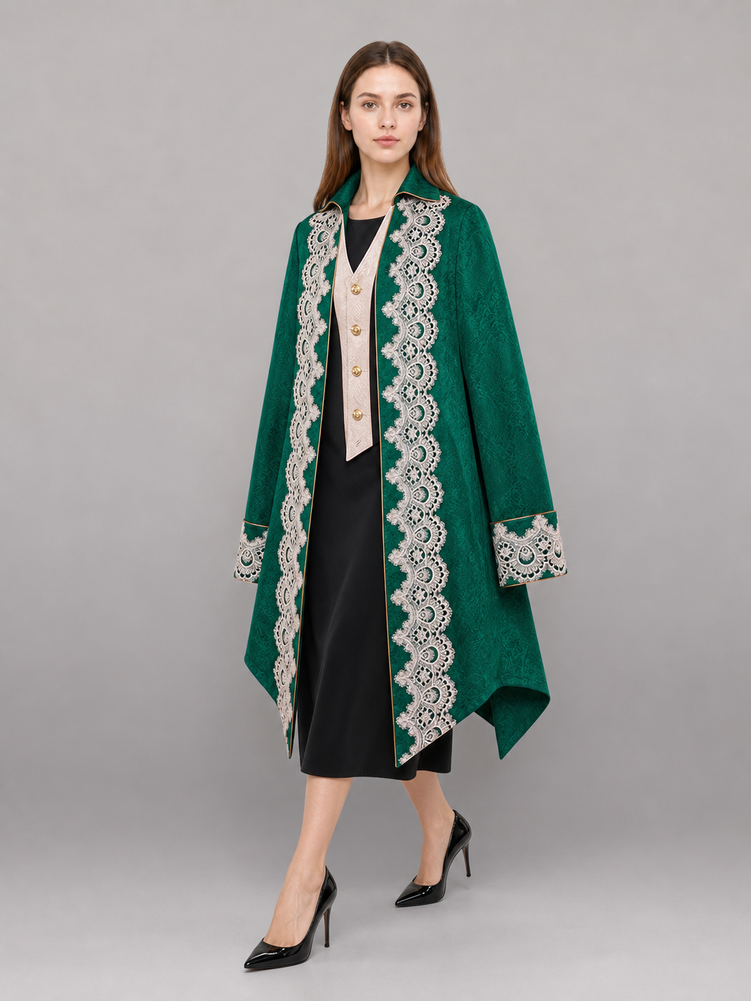 Vintage emerald tailcoat with decorative ornament
