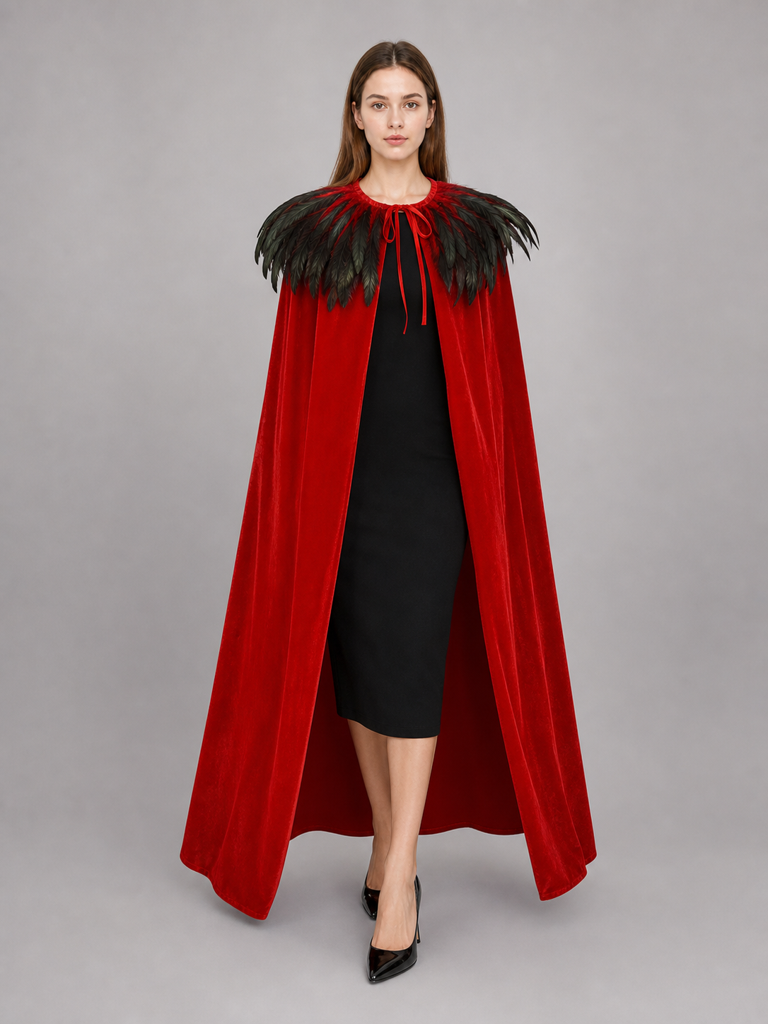Red Velvet Cape with Feather Trim