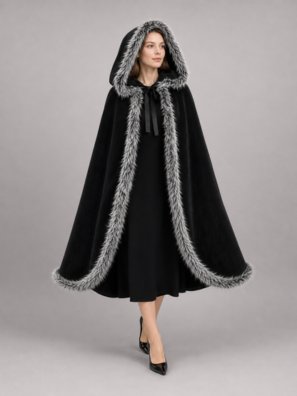 Black carnival cape with hood and shaggy trim