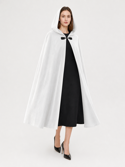 Medieval White Velvet Hooded Long Cloak Cape with Black Bow Tie Front Flared Hem occasion guide 3