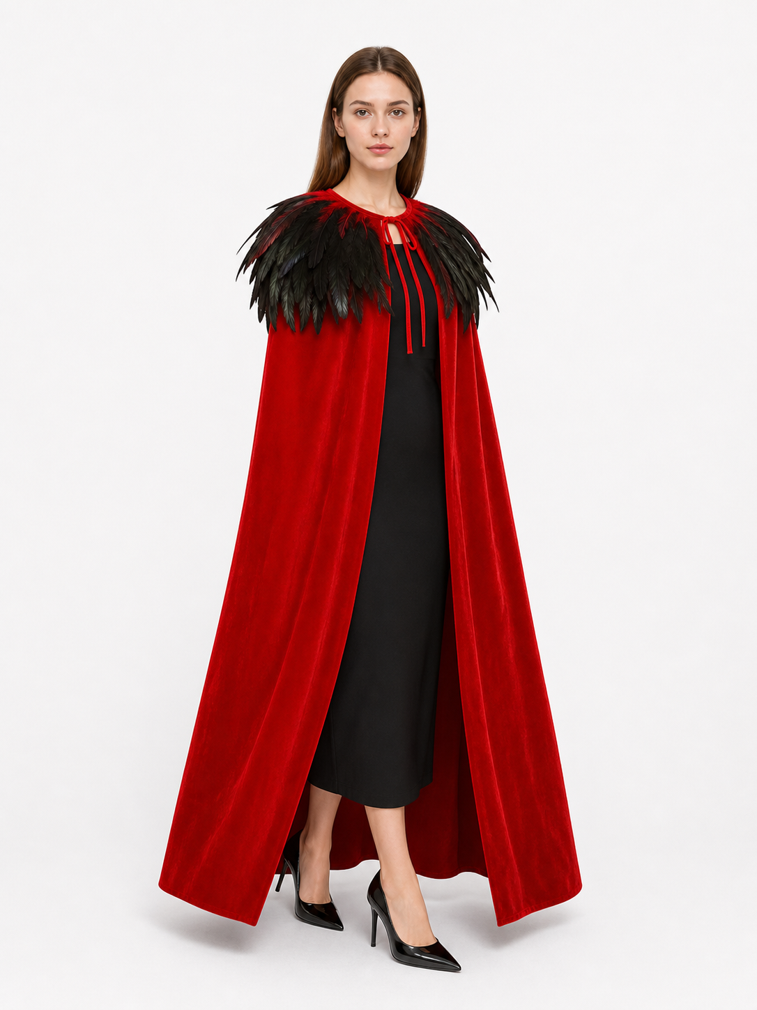 Red Velvet Cape with Feather Trim