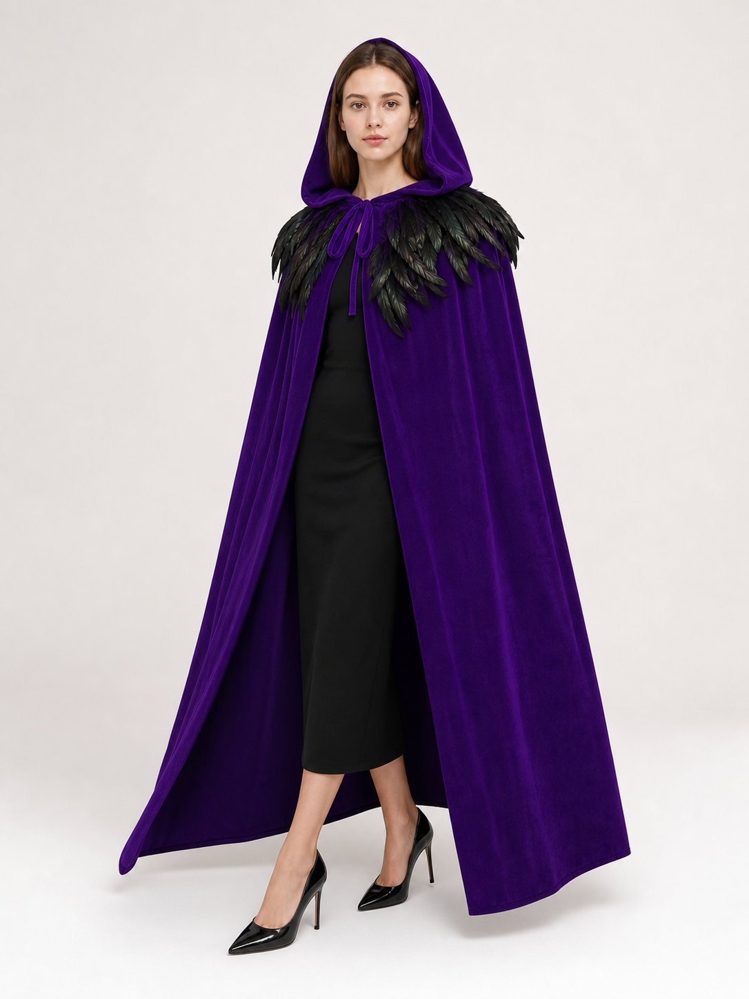 Purple Velvety Hooded Cape with Feathers