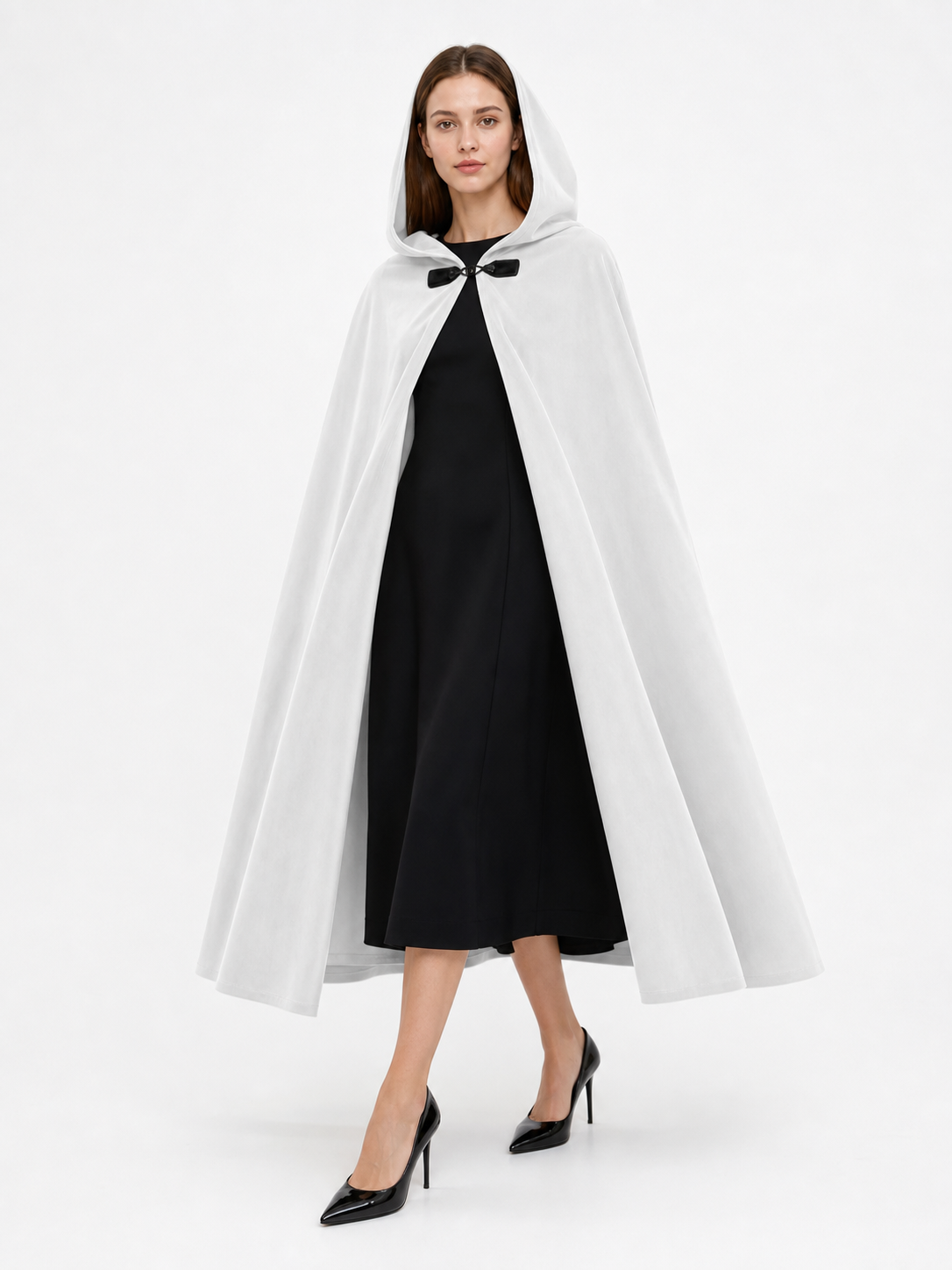 Medieval White Velvet Hooded Long Cloak Cape with Black Bow Tie Front Flared Hem occasion guide 4