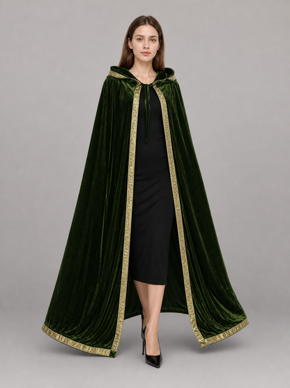 Green costume cloak with hood, gold trim