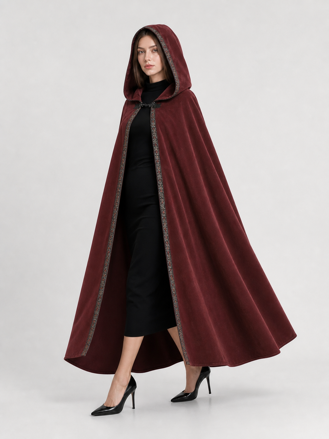 Carnival burgundy hooded cloak with trim