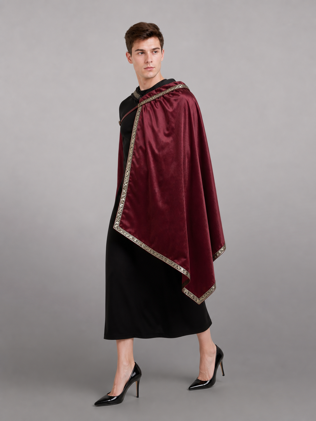Burgundy velvet-look hooded costume cape product view 77