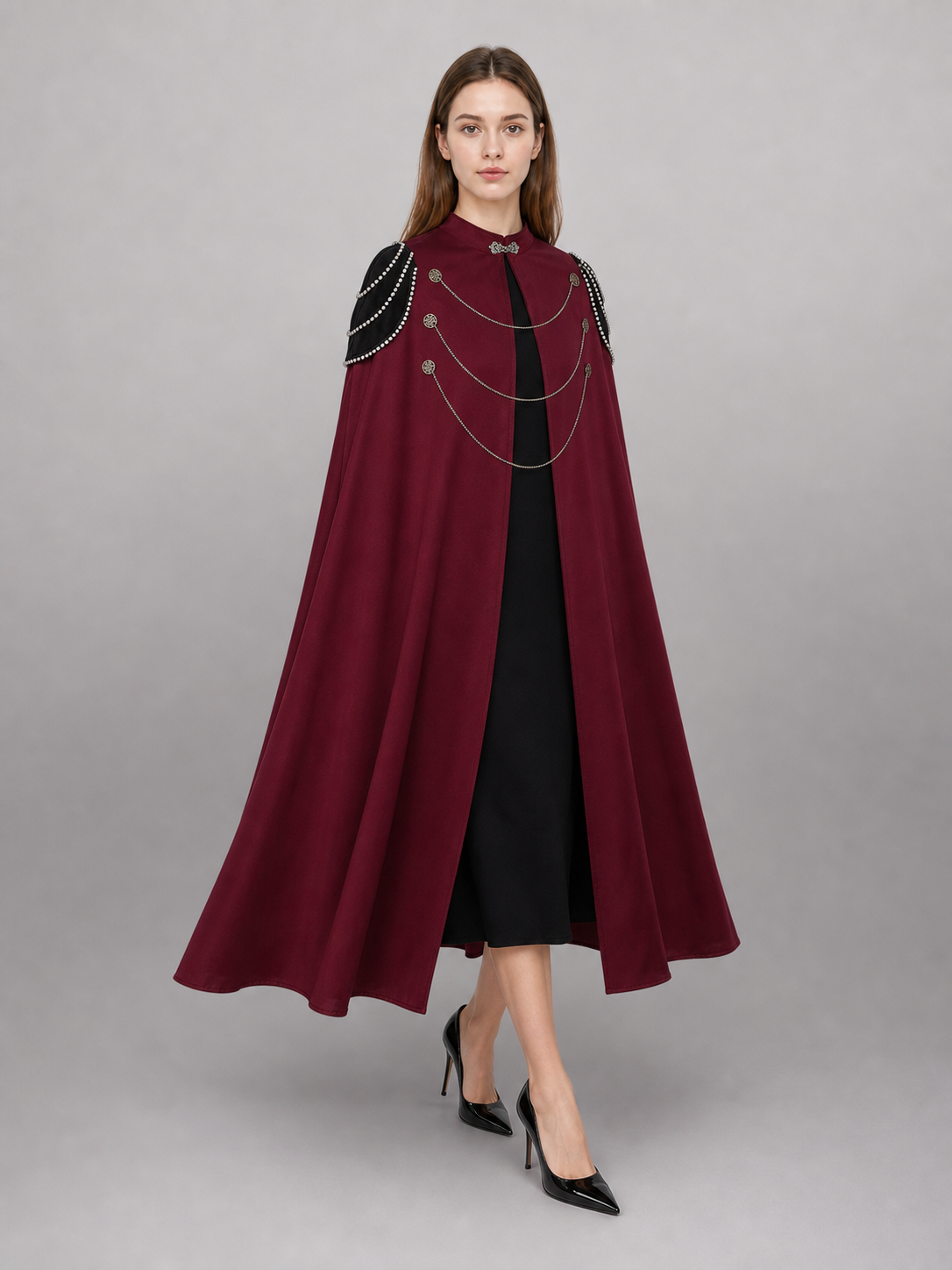 Long burgundy hooded carnival cloak