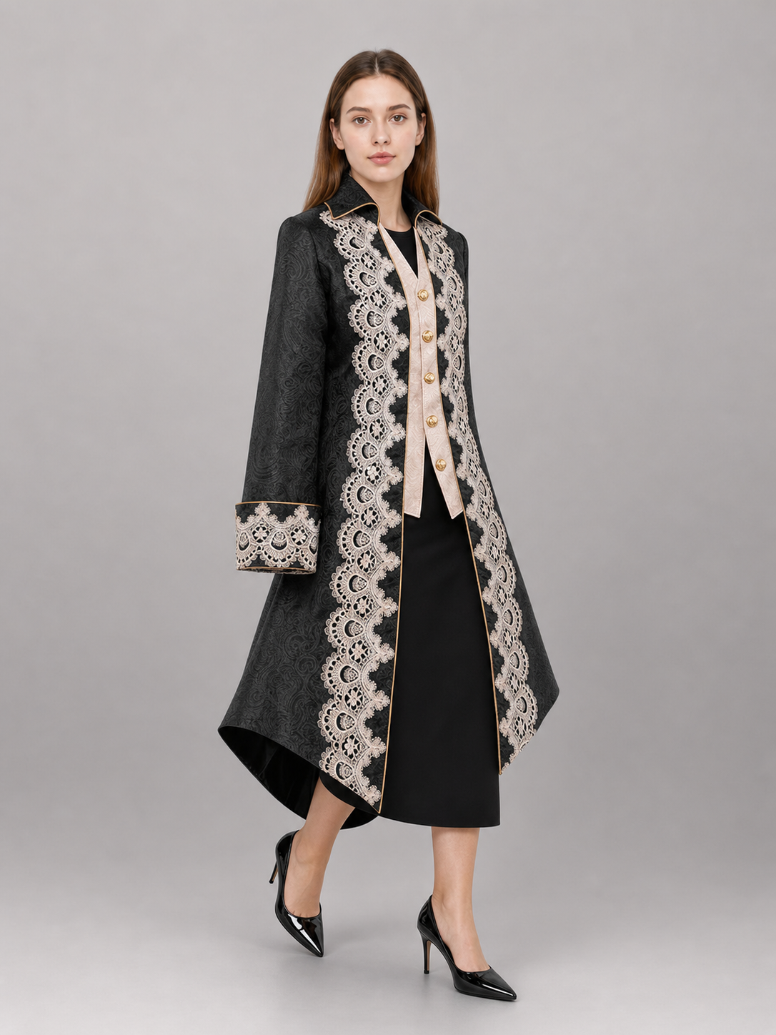 Black Long Tailcoat Jacket with Trim