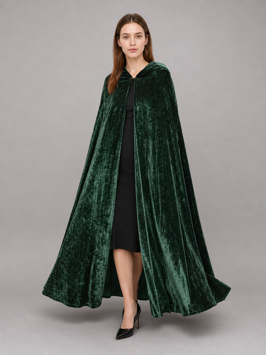 Dark green hooded velvet costume cape product view 80
