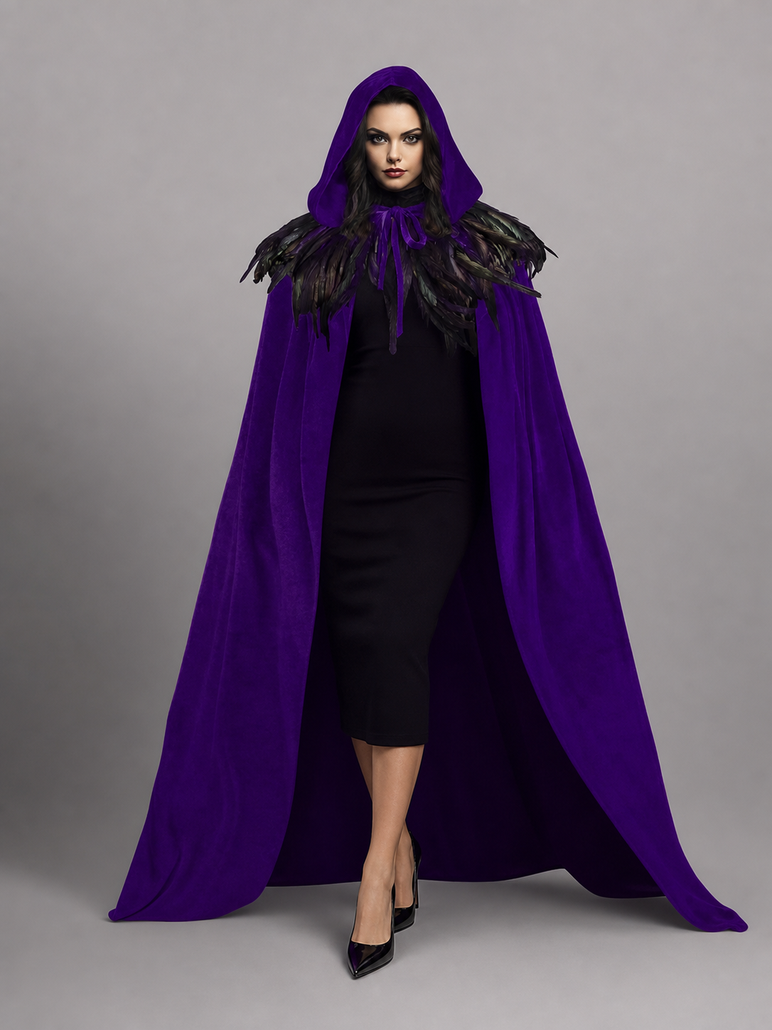 Purple hooded feather-trimmed velvet cape product view 36