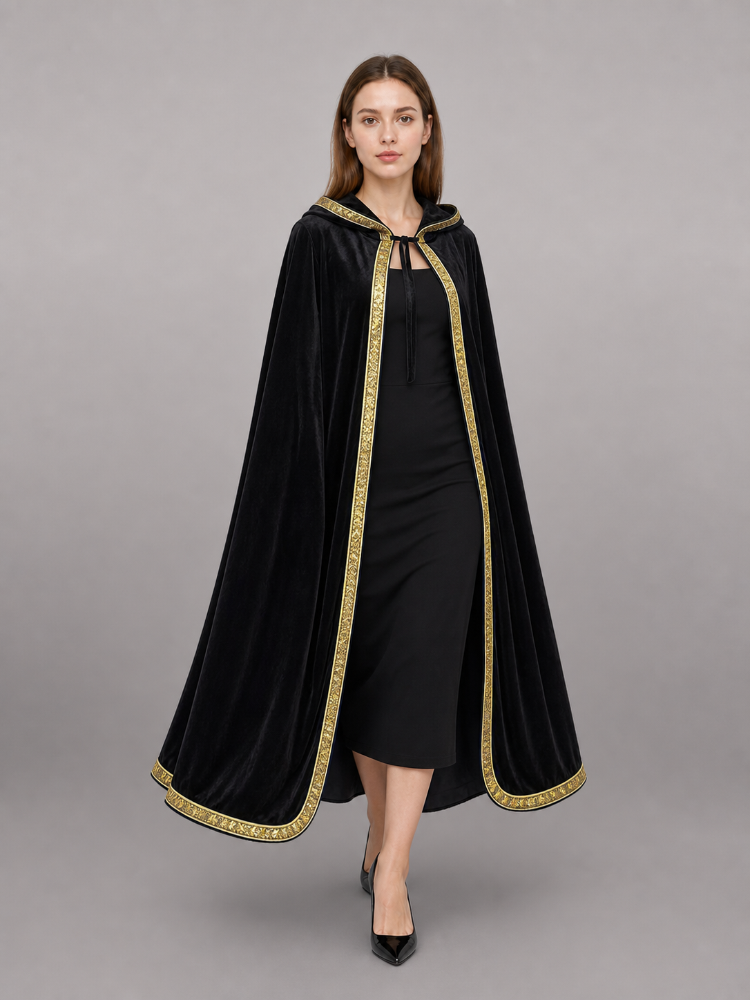Black Carnival Cloak with Hood and Gold Trim