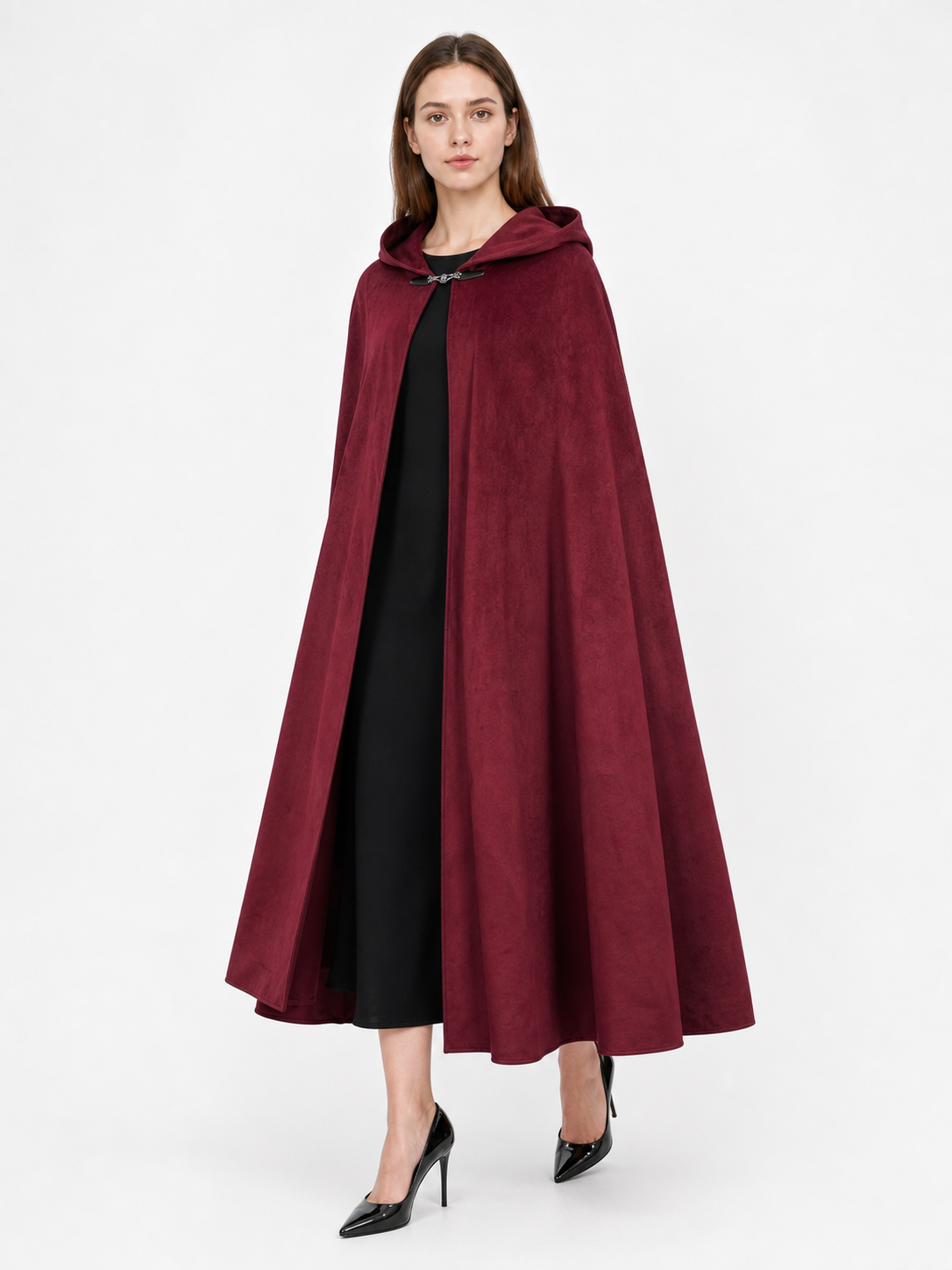 Long burgundy carnival cloak with hood