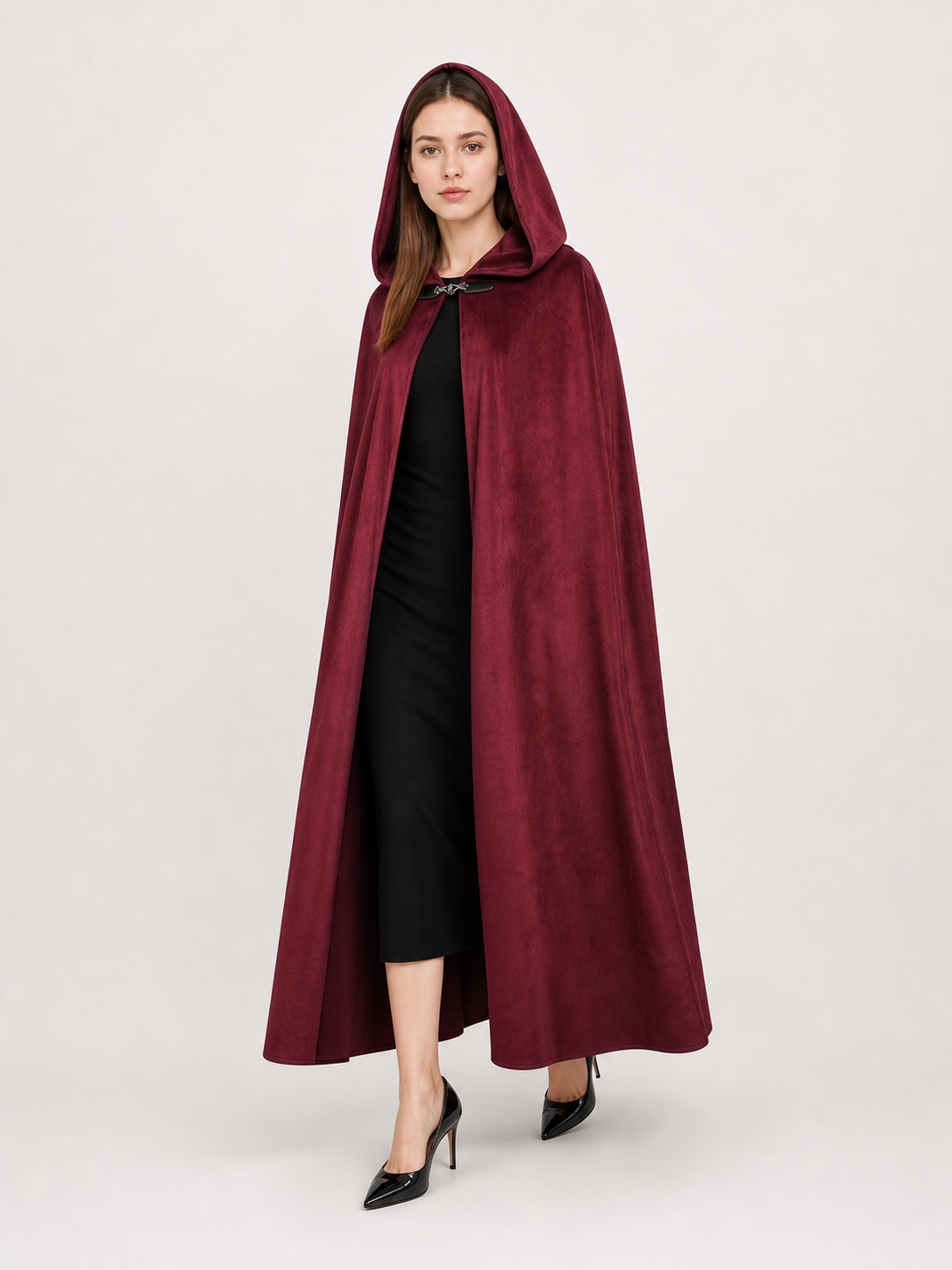 Long burgundy carnival cloak with hood