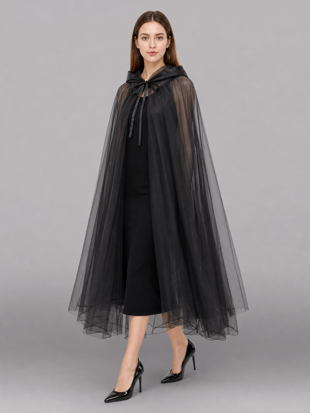 Black costume cloak with hood, layered mesh