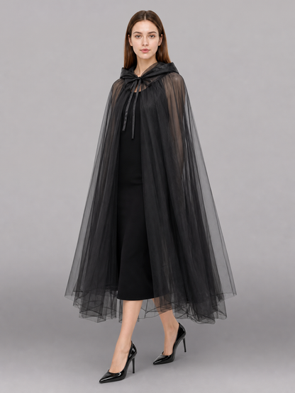 Black costume cloak with hood, layered mesh