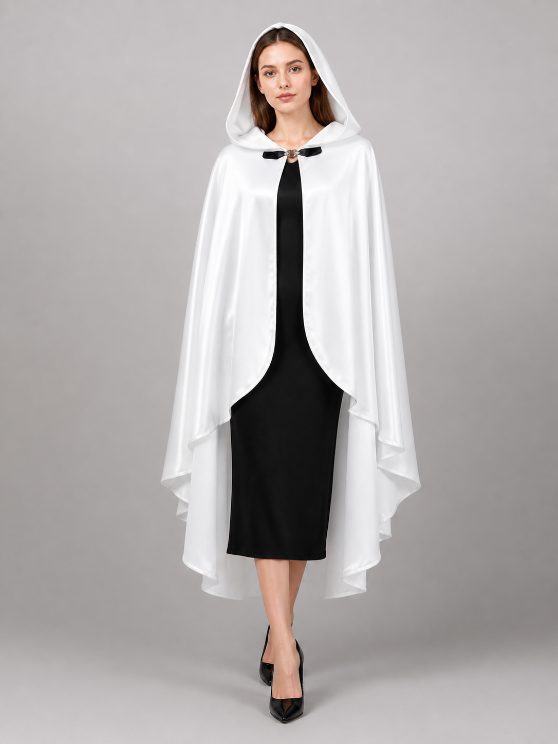 Long white hooded satin-look carnival cape product view 77