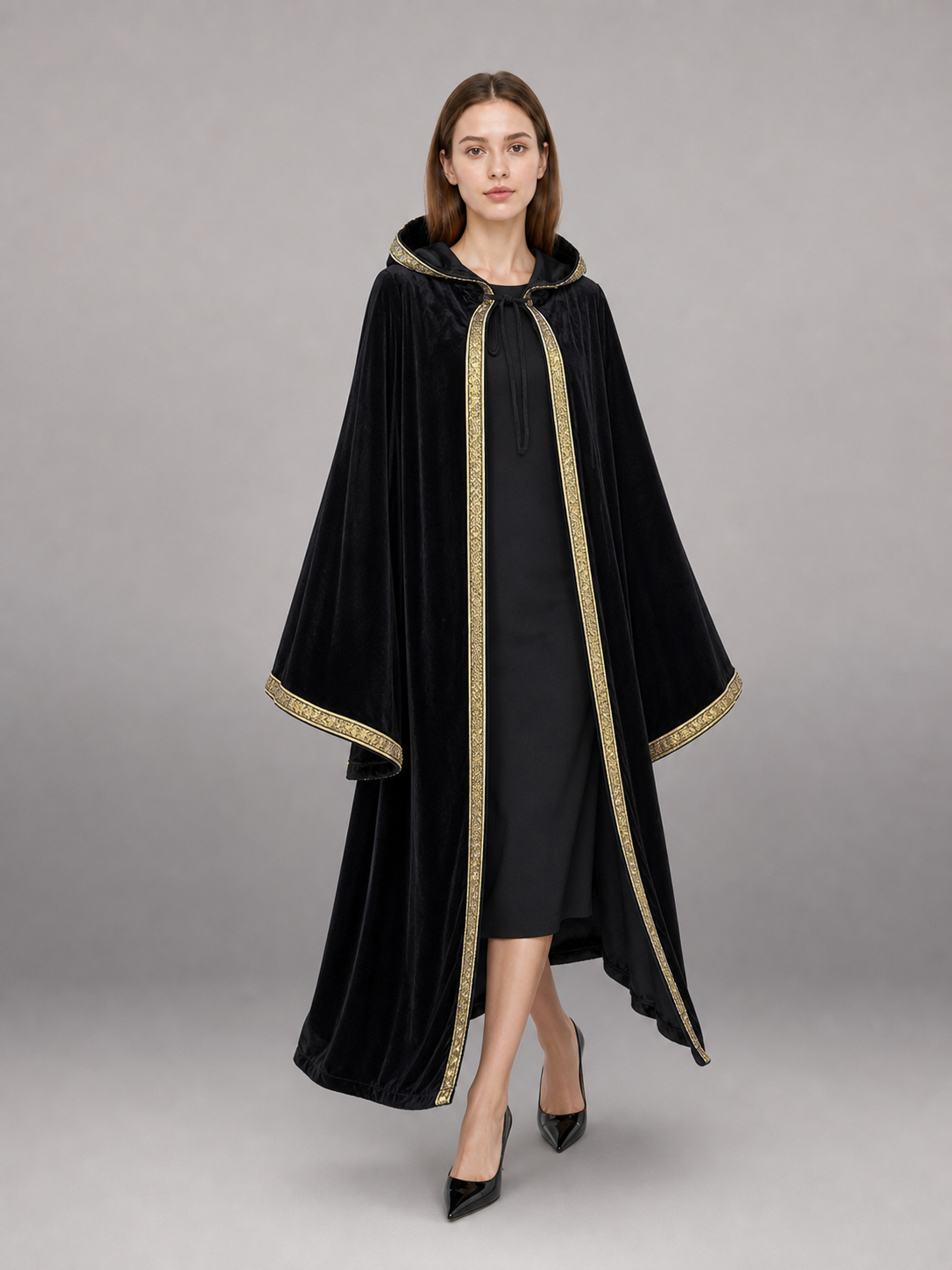 Black Carnival Cloak with Hood and Gold Trim