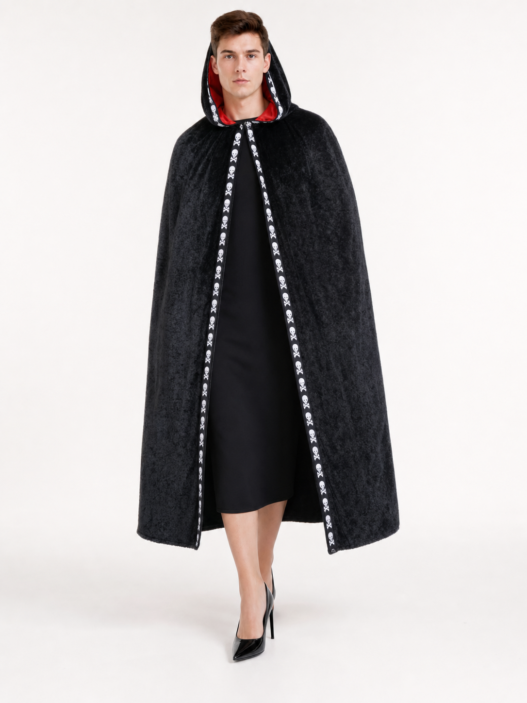 Black carnival cape with hood and skulls