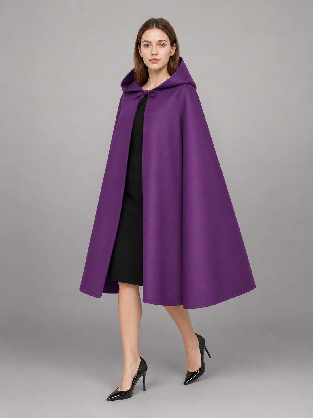 Purple hooded costume cloak with zipper