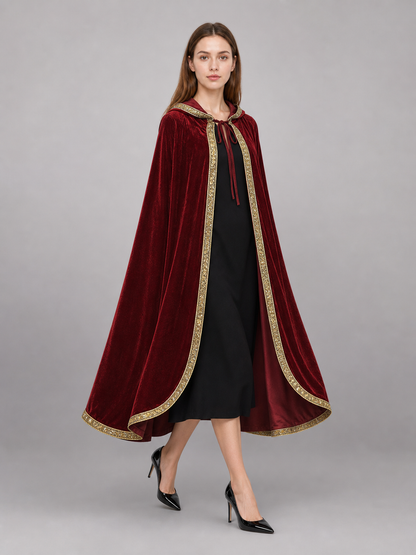 Burgundy carnival cape with hood and gold trim