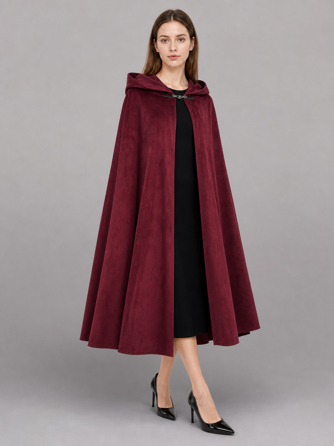 Long burgundy carnival cloak with hood