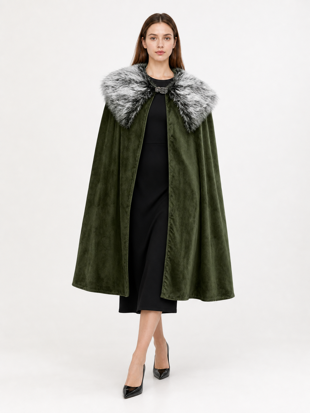 Green Carnival Cloak with Fur Collar
