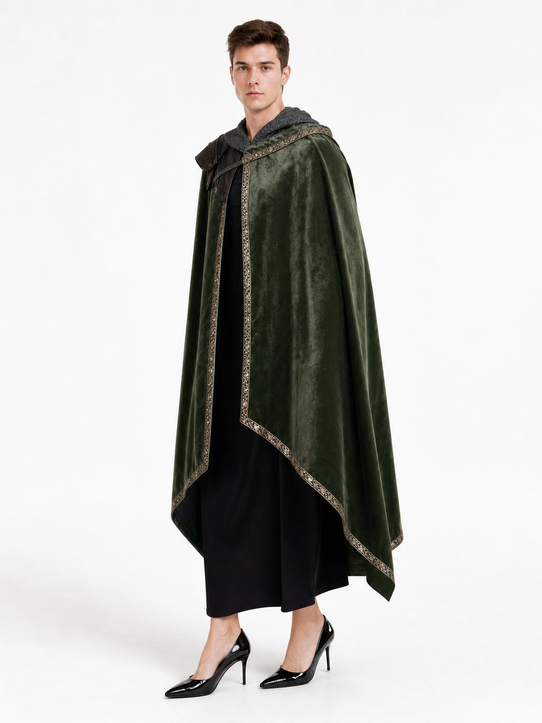 Green asymmetrical long carnival cape