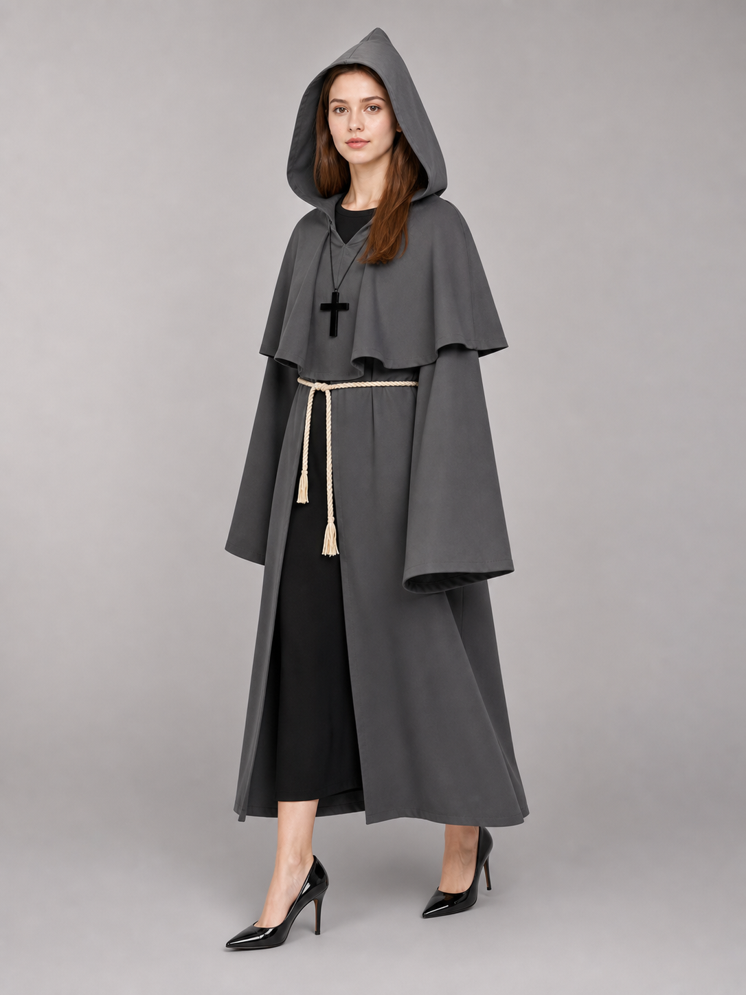 Gray Medieval Hooded Costume Cloak