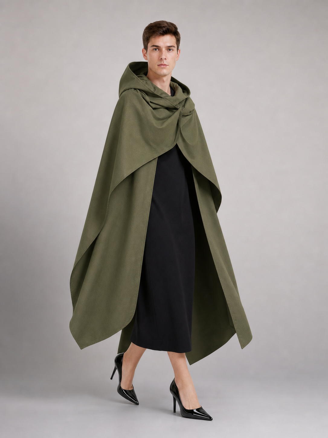 Medieval Hooded Cloak, Olive Green Full-Length Cape with Pointed Hood and Front Tie for Cosplay and Role-Playing