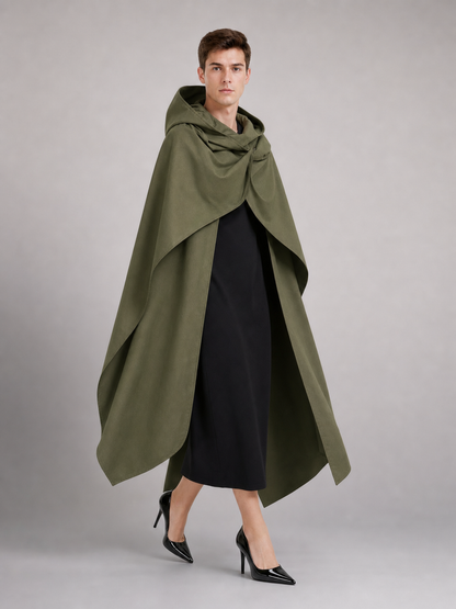 Medieval Hooded Cloak, Olive Green Full-Length Cape with Pointed Hood and Front Tie for Cosplay and Role-Playing