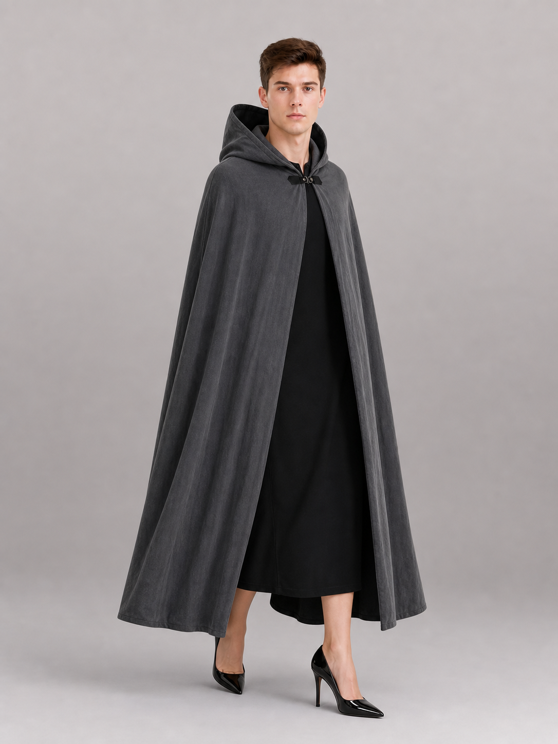 Adult Fantasy Hooded Cape, Long Dark Gray Cloak With Front Tie Closure, Wide