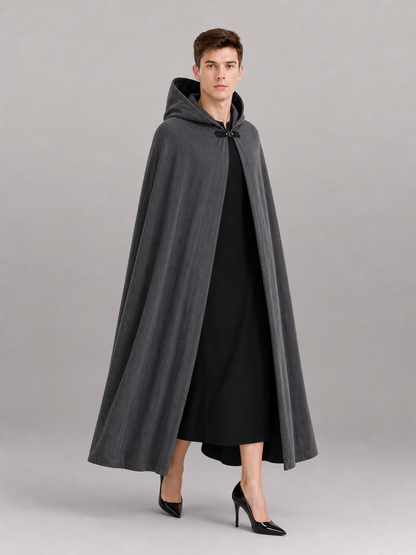 Adult Fantasy Hooded Cape, Long Dark Gray Cloak With Front Tie Closure, Wide