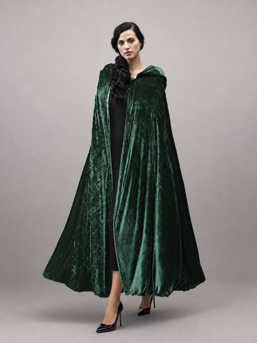 Dark green hooded velvet costume cape product view 81