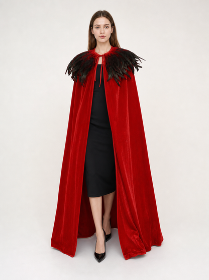 Red Velvet Cape with Feather Trim